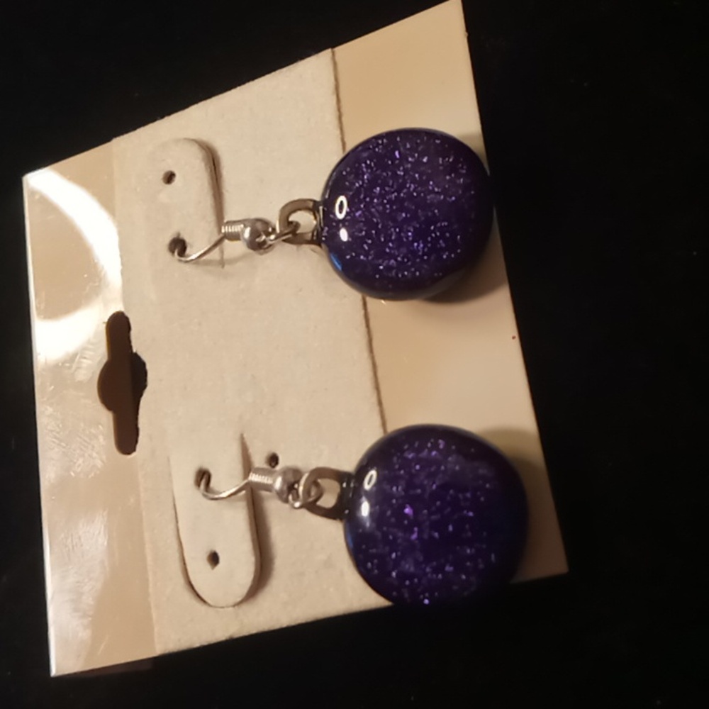 Purple glittery art glass beaded earrings on sterling silver .
